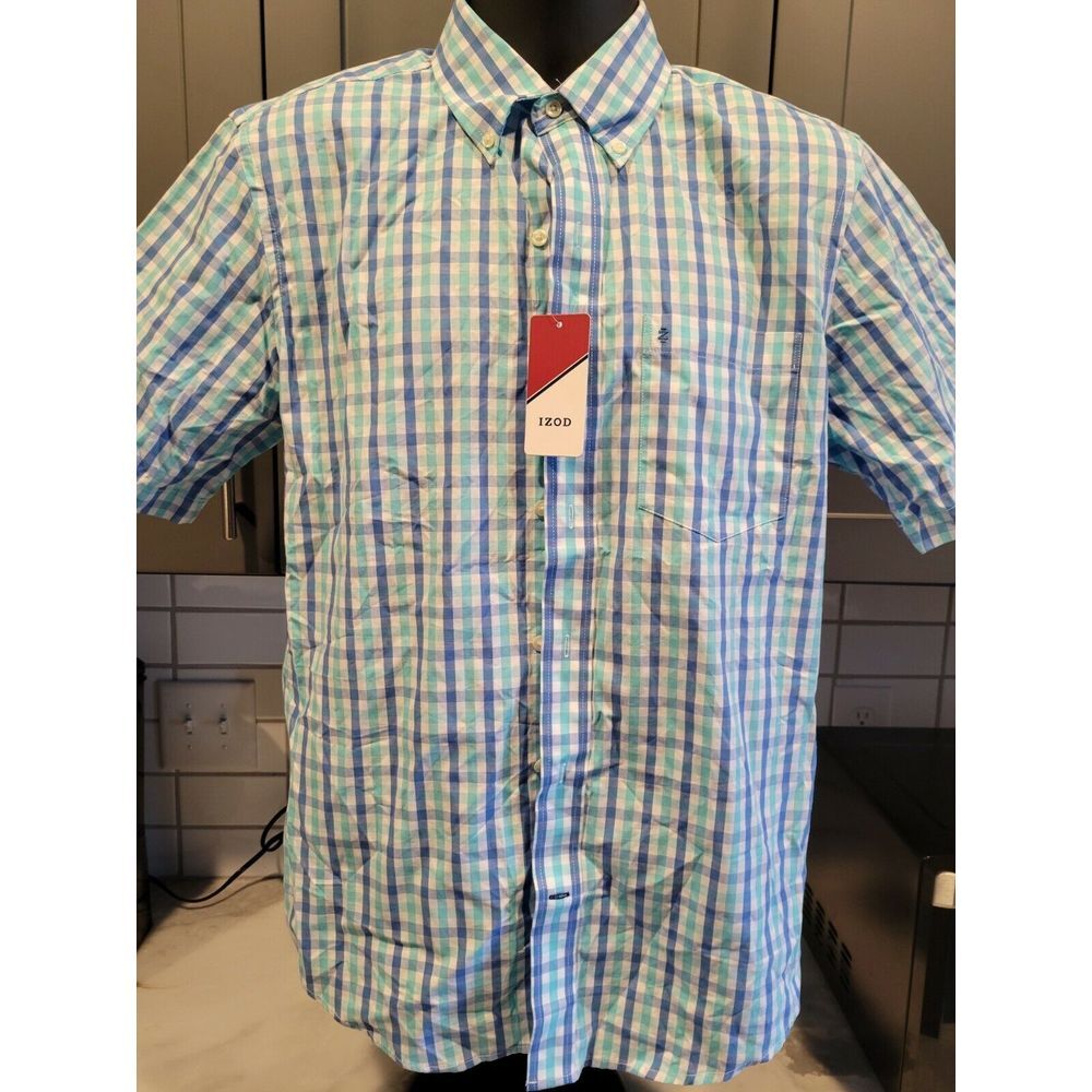 Izod Men's Adult Sz S/P Button Shirt Short Sleeve Plaid Blue Radiance